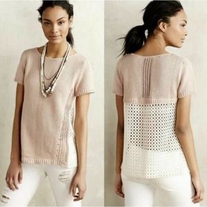 Anthropologie Moth Madeira Pink & White Eyelet Knit Back Pullover Sweater Size S